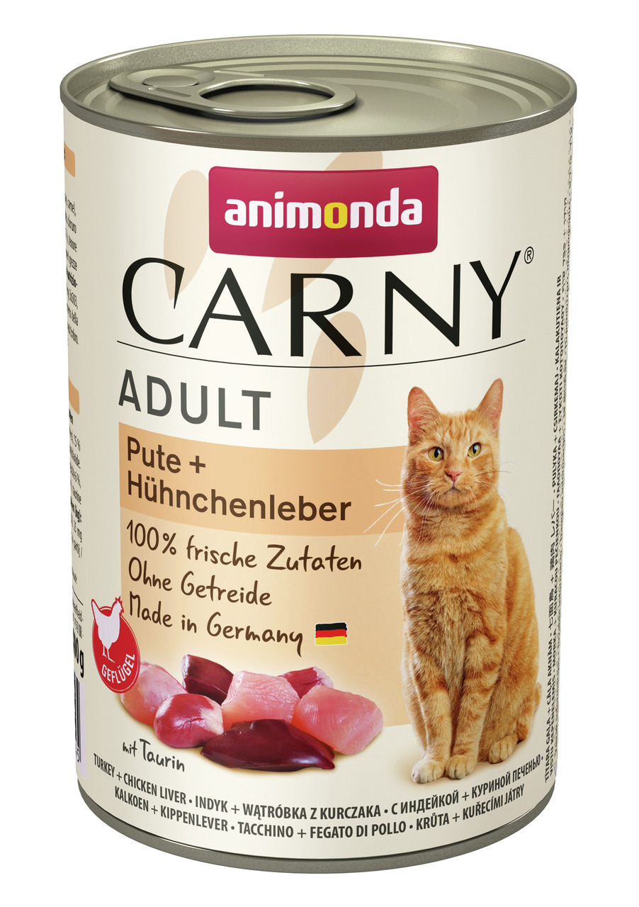 Animonda Carny Adult Katzenfutter, Pute & Hühnerleber, für ausgewachsene Katzen, 400 g, 100 % frisch, ohne Getreide, Made in Germany.
