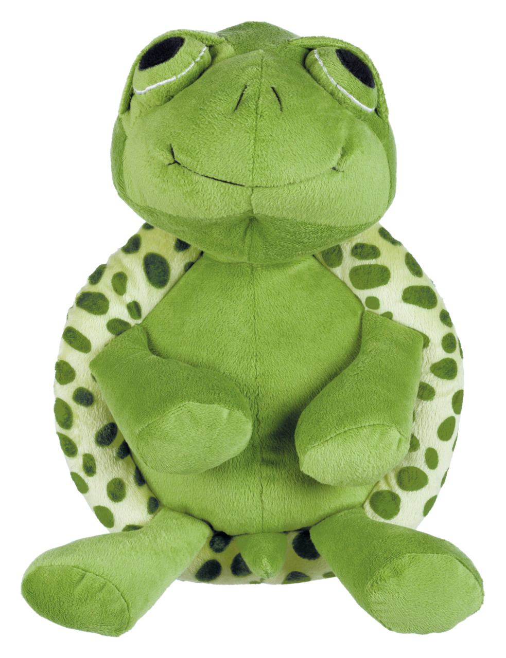 Das Bild zeigt ein grünes Plüschspielzeug in Form eines Frosches der Marke TRIXIE. Es ist ein weiches Hundespielzeug, das speziell für Hunde entwickelt wurde. Der Frosch hat große, freundliche Augen und ein gepunktetes Muster auf der Rückseite. Ideal für 