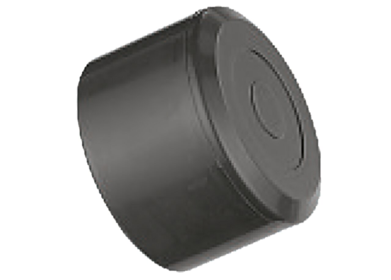 Schwarzer PVC-Endverschluss der Marke EFFAST, rundes Design, geeignet für Rohrsysteme in der Industrie oder Bauwesen.
