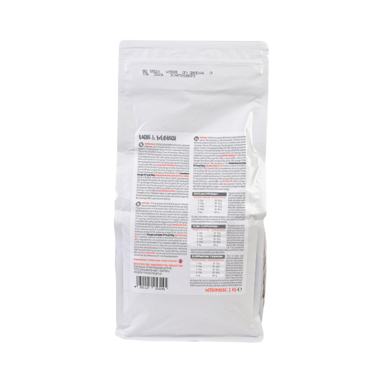 MINCAS HÄPPCHEN Katzenfutter, Lachs & Weißfisch, 2 kg, mit Nährwertangaben.