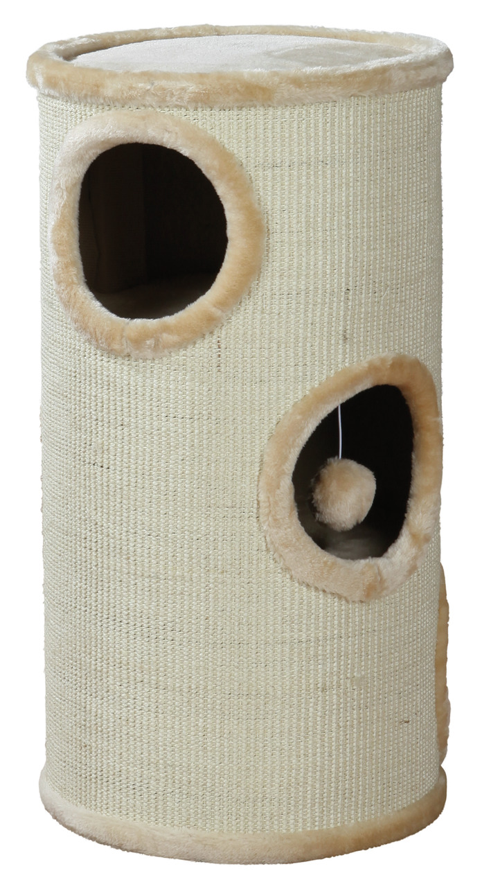 Ein zylindrischer Kratzbaum der Marke TRIXIE, Modell "Cat Tower", speziell für Katzen. Der beige Kratzbaum ist mit Sisal umwickelt und hat drei Öffnungen, die mit weichem Plüsch umrandet sind. Im Inneren befindet sich ein Spielball an einer Schnur. Ideal 