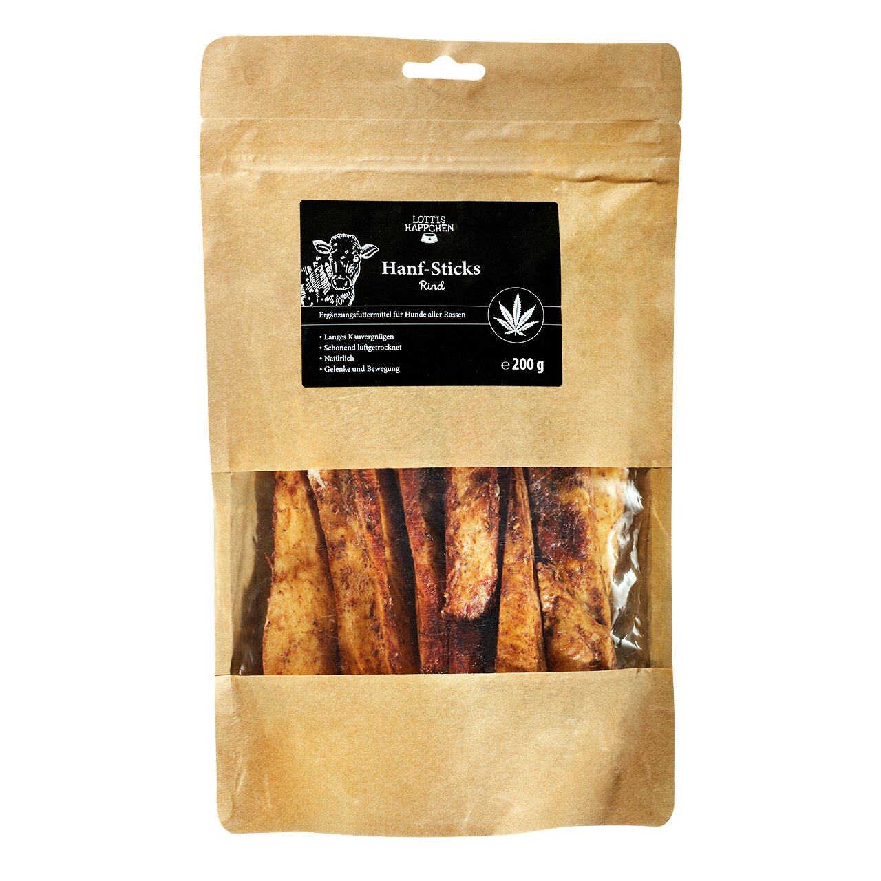LOTTIS HÄPPCHEN Hanf-Sticks Rind, Snack für Hunde, langes Kauvergnügen, schonend luftgetrocknet, 200 g Beutel.