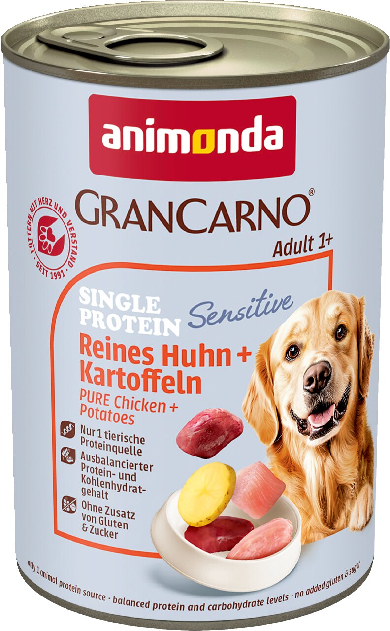 animonda GranCarno Adult 1+ Sensitive Reines Huhn + Kartoffeln für Hunde, Single Protein, ohne Gluten und Zucker.