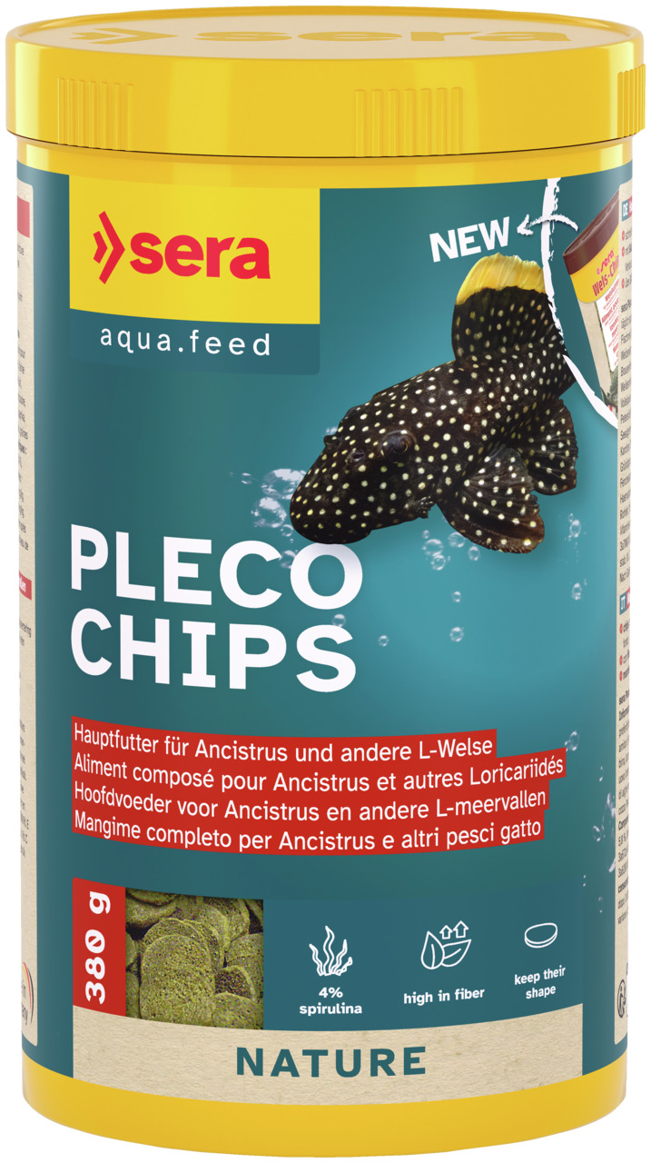 sera Pleco Chips, 380 g, Hauptfutter für Ancistrus & L-Welse, mit 4 % Spirulina, ballaststoffreich, formstabil, für Aquarienfische.