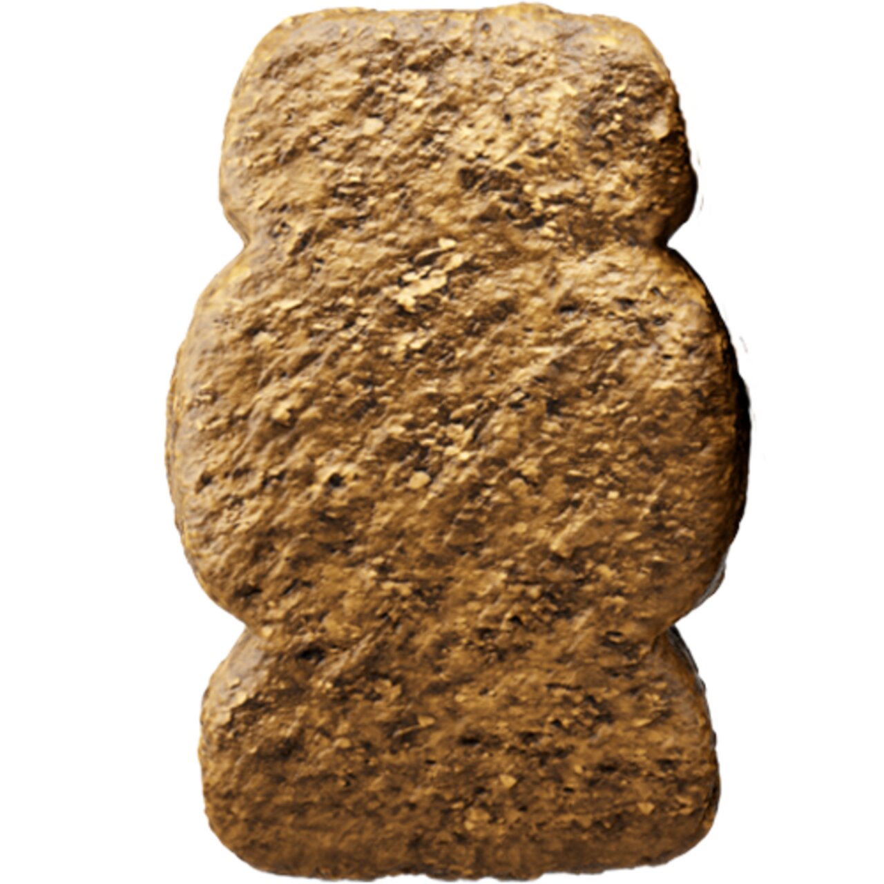 Ein einzelnes Josera Trockenfutter-Krokettenstück für Hunde, strukturierte Oberfläche, braune Farbe, quadratisch-rundliche Form.