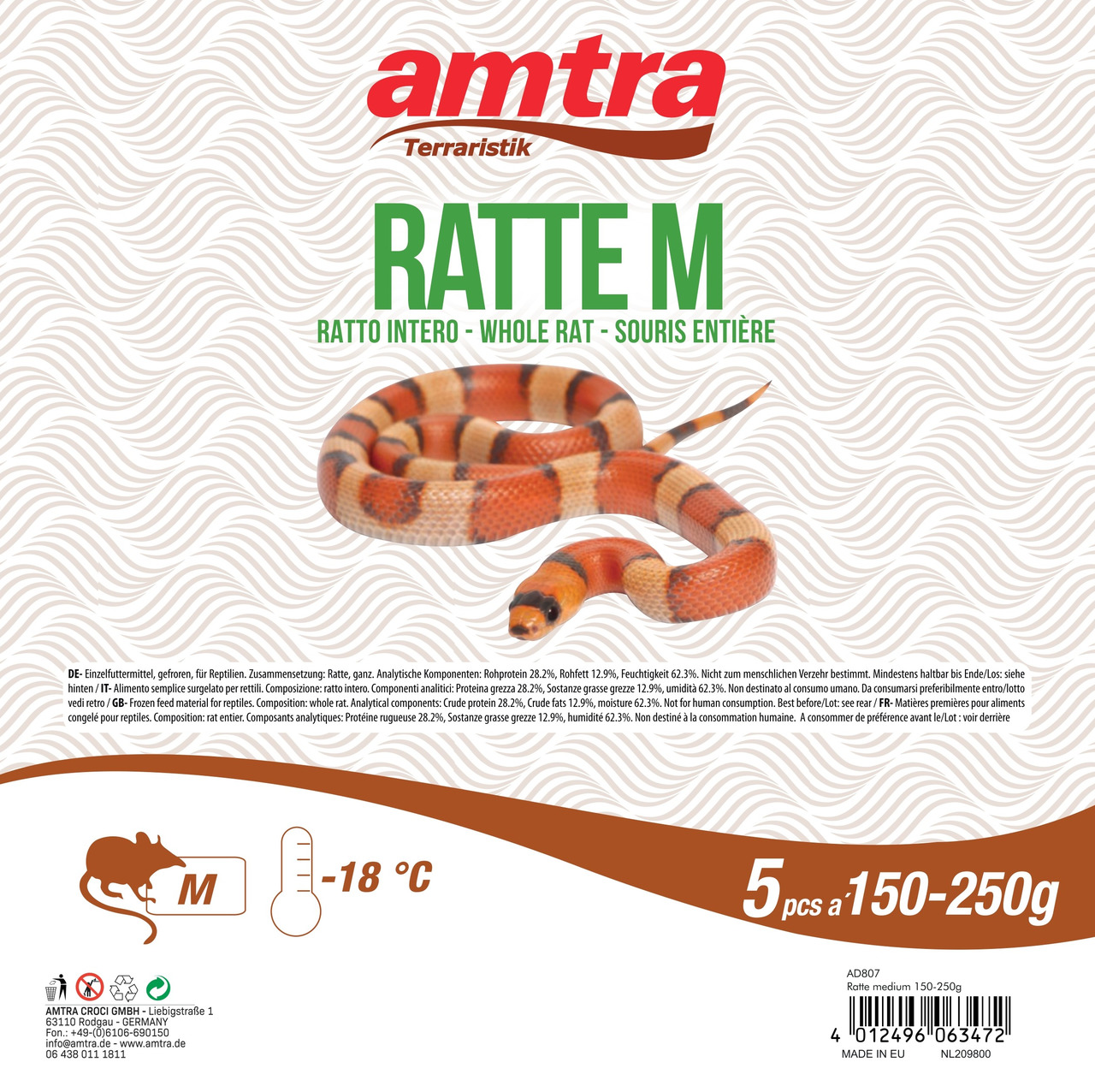 amtra Terraristik Ratte M, Einzelfuttermittel für mittelgr. Reptilien, ganze Ratten, 5 Stk. (150–250 g), tiefgefroren bei -18 °C.