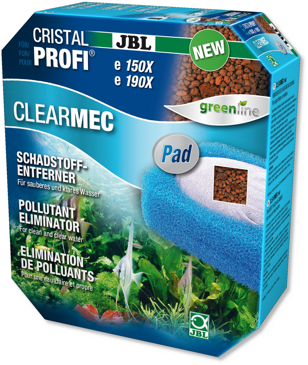 Das Bild zeigt die Verpackung des JBL CristalProfi ClearMec Pad, einem Schadstoffentferner für Aquarien. Es ist geeignet für die Modelle JBL CristalProfi e150x und e190x. Die Zielgruppe sind Aquarienbesitzer, die sauberes und klares Wasser wünschen. Die V