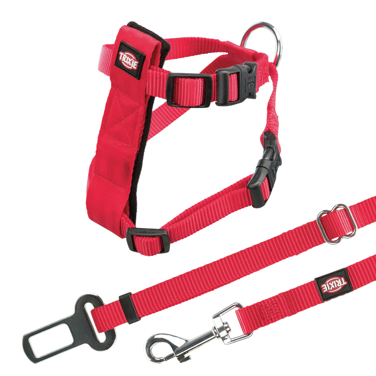 TRIXIE Hundegeschirr m. Sicherheitsgurt, verstellbar, robuste Schnallen, für Hundehalter, rot, für sicheren Transport im Auto.