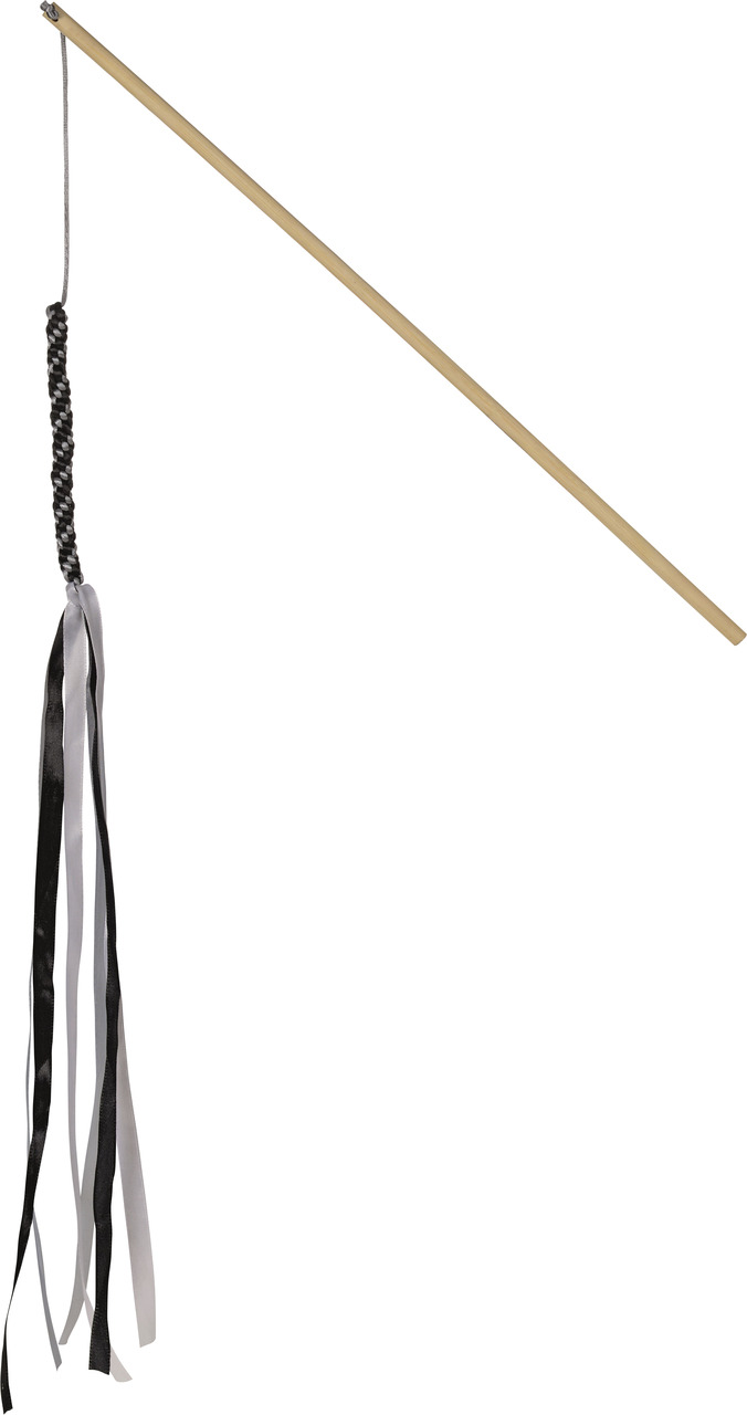 AniOne Spielangel für Katzen: Interaktives Katzenspielzeug mit Holzstab, Bändern in Schwarz-Weiß. Fördert Bewegung & Spieltrieb.