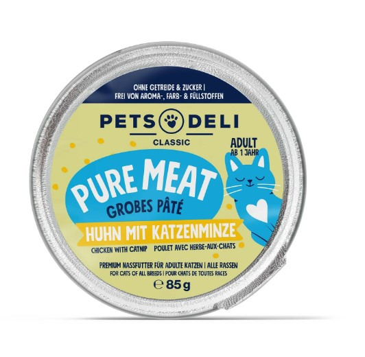 Pets Deli Classic Pure Meat Grobes Paté, Huhn+Katzenminze, für Katzen ab 1 J., 85 g, ohne Getreide, Zucker, Aroma-, Farb-, Füllstoffe.
