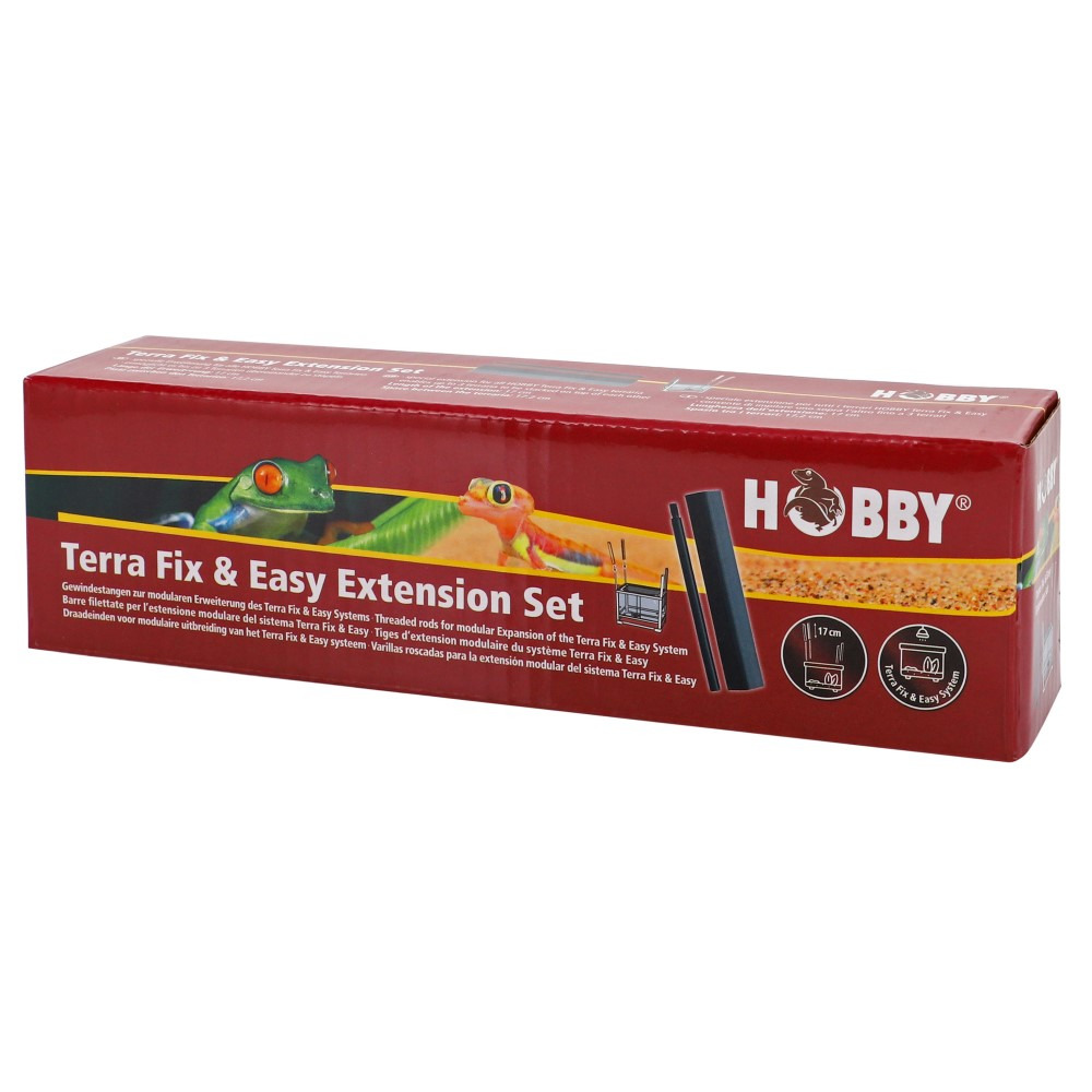 Das Bild zeigt die Verpackung des Produkts „HOBBY Terra Fix & Easy Extension Set“. Es handelt sich um ein Zubehör für Terrarien, das speziell für die Erweiterung des Terra Fix & Easy Systems entwickelt wurde. Die Verpackung ist rot und zeigt zwei Frösche 
