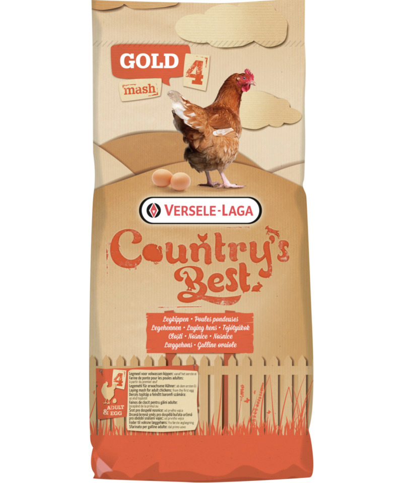 Versele-Laga Country's Best Gold 4 Mash, 20 kg, Hühnerfutter für Legehennen, unterstützt Ei-Produktion, beige Verpackung mit Henne-Motiv.
