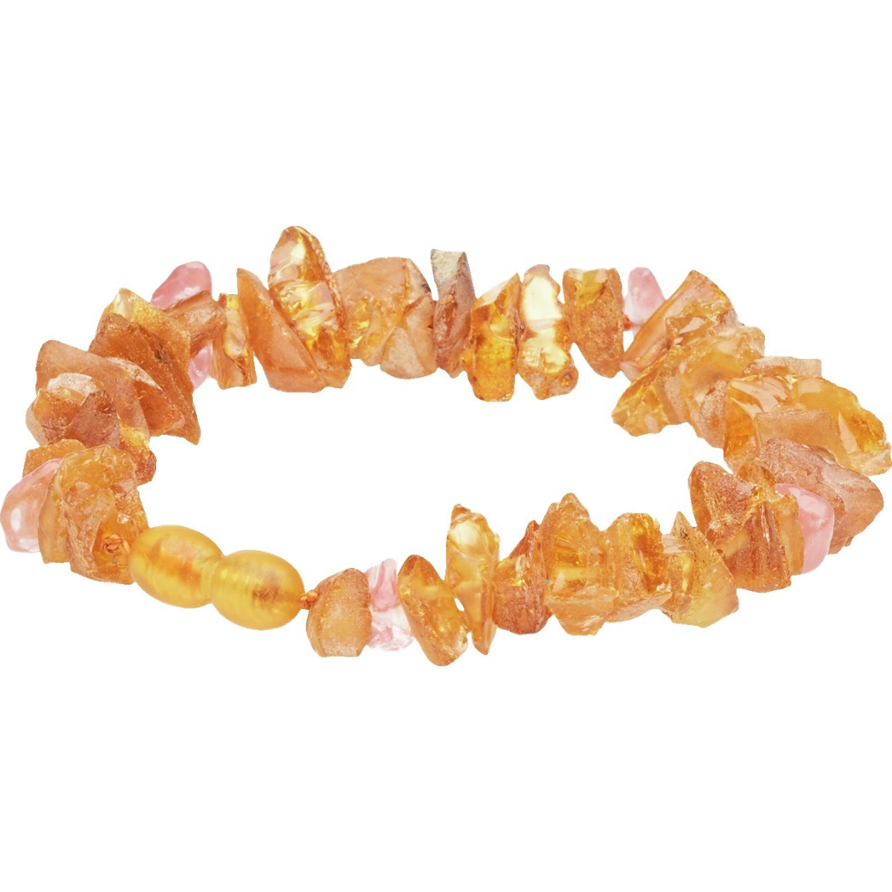 Ein elastisches Armband aus natürlichen Bernstein- und rosafarbenen Perlen, das durch seine warme, goldene Farbgebung und die unregelmäßige Form der Steine besticht. Ideal als stilvolles Accessoire für Damen, das Eleganz und Natürlichkeit vereint. Länge u