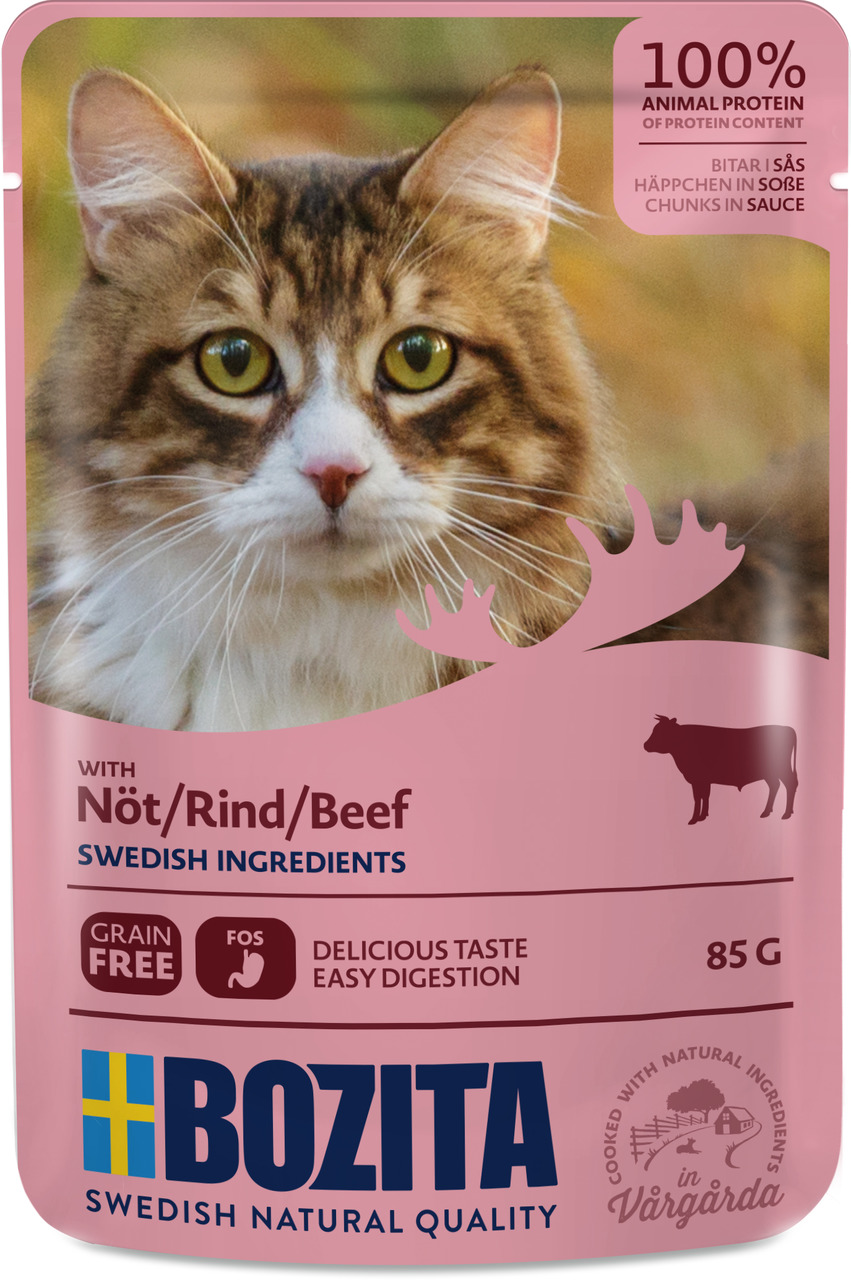 Bozita Häppchen in Soße, Rind, für Katzen, 85 g, 100 % tierisches Protein, getreidefrei, leicht verdaulich, rosa Verpackung.