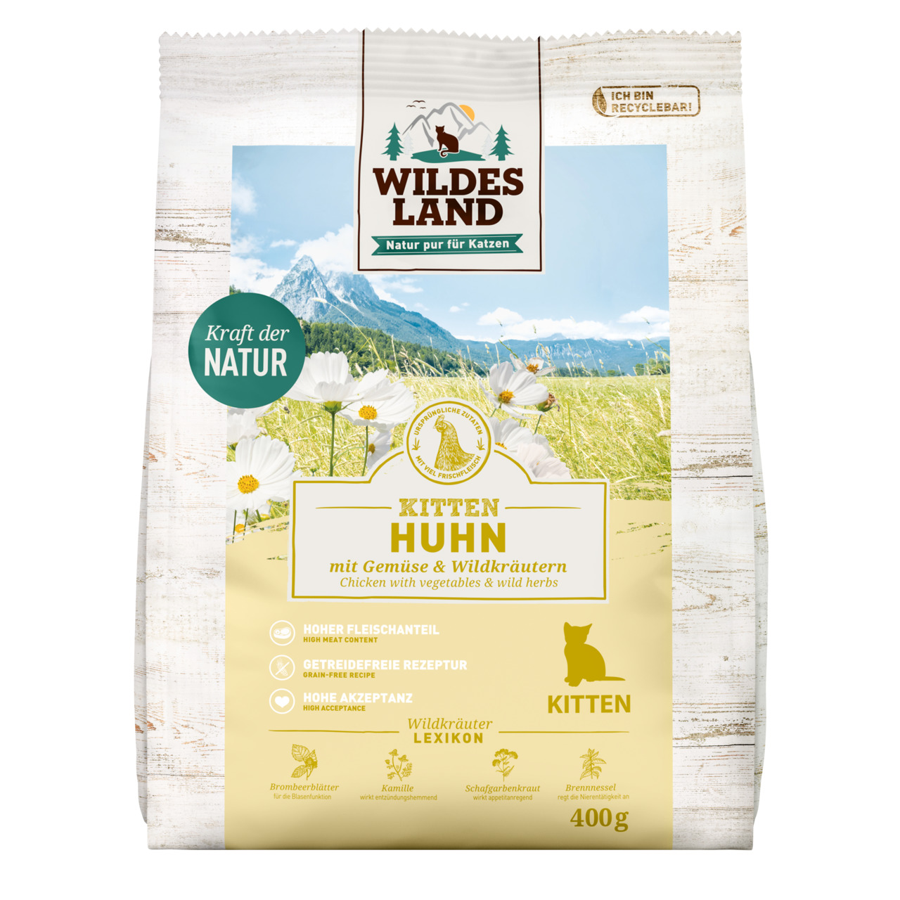 Das Bild zeigt eine Verpackung des Katzenfutters „Wildes Land Kitten Huhn mit Gemüse & Wildkräutern“. Es ist speziell für Kätzchen entwickelt und enthält 400 g. Die Rezeptur ist getreidefrei, hat einen hohen Fleischanteil und eine hohe Akzeptanz. Die Gesc
