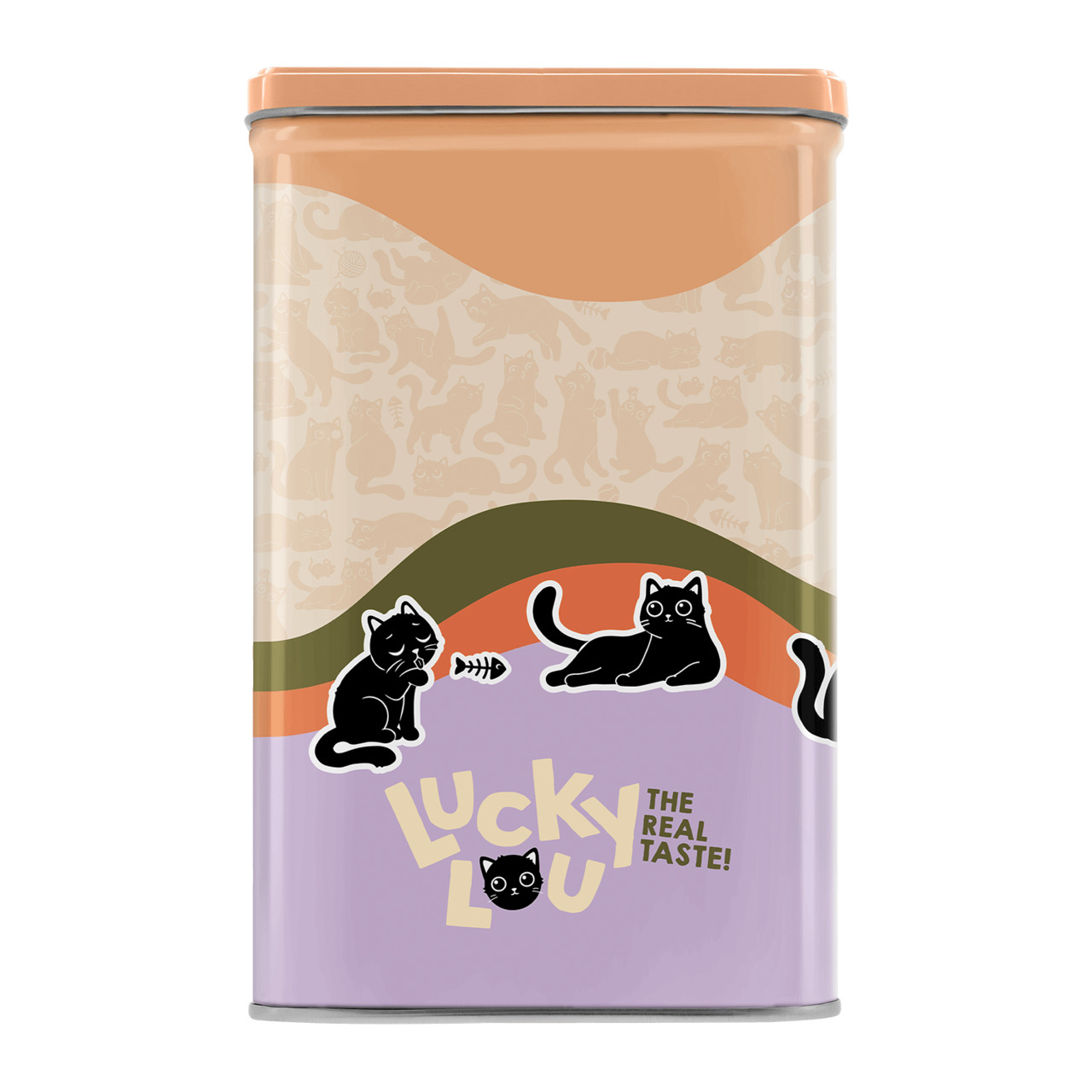Lucky Lou Metall-Dose, Zielgr.: Katzenhalter, Design: Katzen+Fischgräten, Aufbewahrung Katzenfutter, Pastellfarben, EAN: 4262437740829.