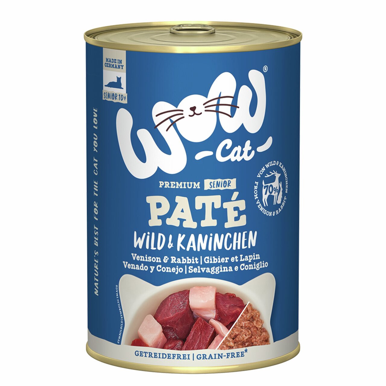 WOW CAT Premium Senior Paté Wild & Kaninchen, für Katzen ab 10 J., 70 % Fleisch, getreidefrei, „Made in Germany“.