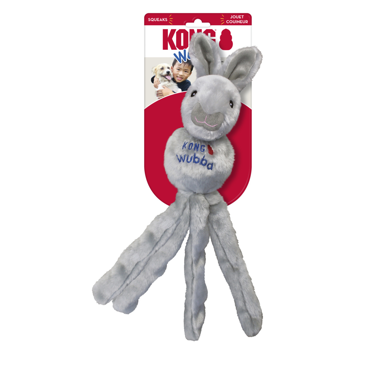KONG „Wubba Bunny“ Hundespielzeug, grau, Plüsch, mit Quietscher, für interaktives Spielen-Apportieren, 035585800226.