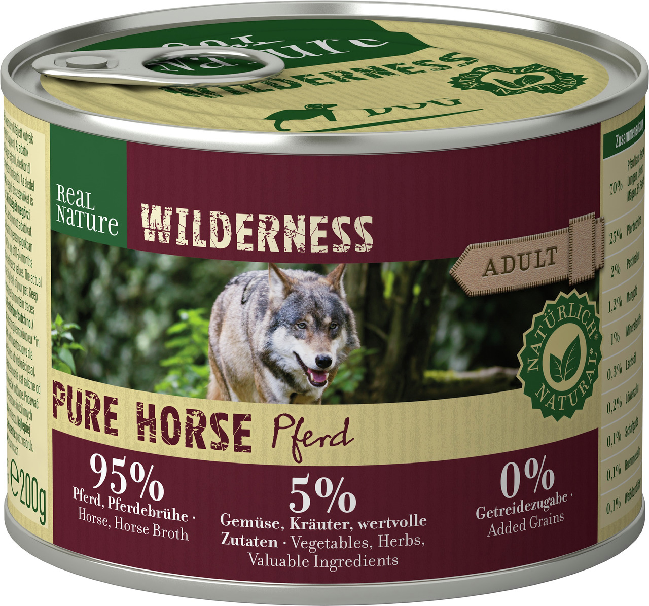 Das Bild zeigt eine 200g-Dose des Hundefutters „REAL NATURE WILDERNESS PURE HORSE“ für ausgewachsene Hunde. Die Geschmacksrichtung ist Pferd, bestehend aus 95% Pferd und Pferdebrühe sowie 5% Gemüse, Kräutern und wertvollen Zutaten. Es enthält keine Getrei