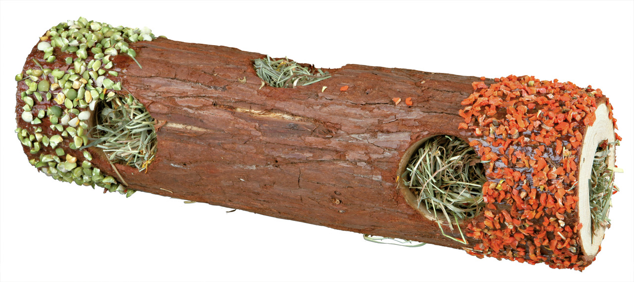 Ein natürlicher Holzspielzeug-Tunnel von TRIXIE für Kleintiere wie Kaninchen und Meerschweinchen. Gefüllt mit duftendem Heu und dekoriert mit getrockneten Karotten und Kräutern. Fördert die Beschäftigung und den natürlichen Nagetrieb. Maße und Menge auf d