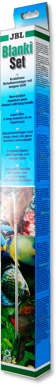 JBL Blanki Set: Kratzfreier Scheibenreiniger m. langem Griff f. Aquarienbesitzer. Symbolisiert sauberes Aquarium.