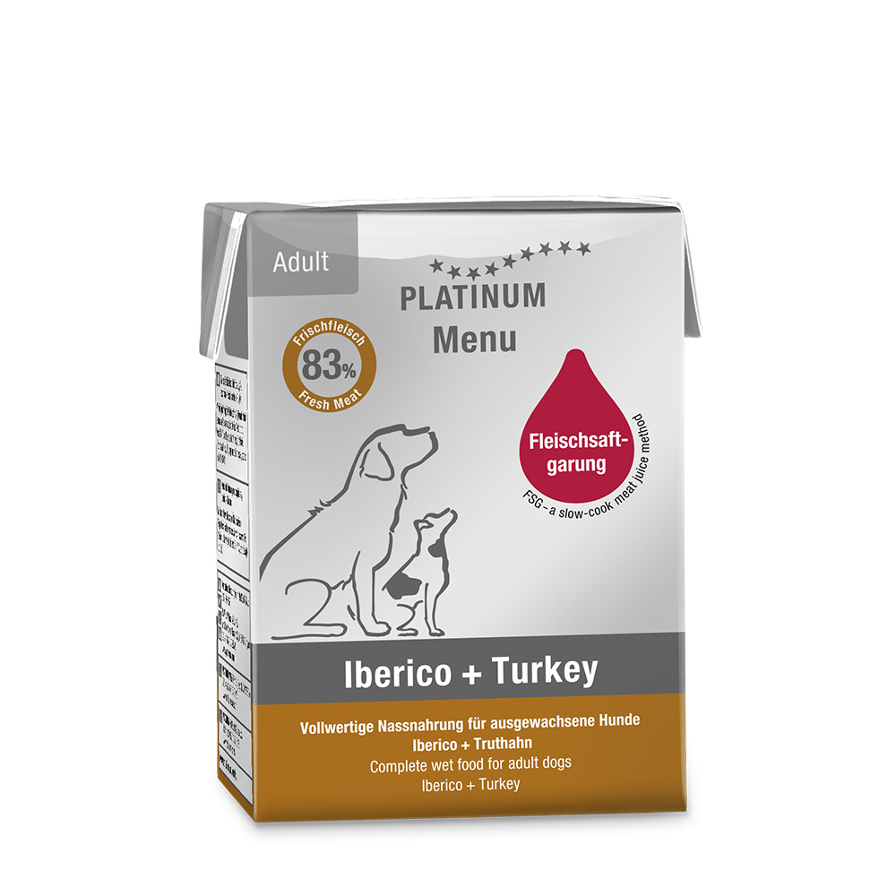 PLATINUM Menu Iberico+Turkey Nassfutter f. erw. Hunde, Iberico+Truthahn, 83 % frisches Fleisch, Fleischsaftgarung.