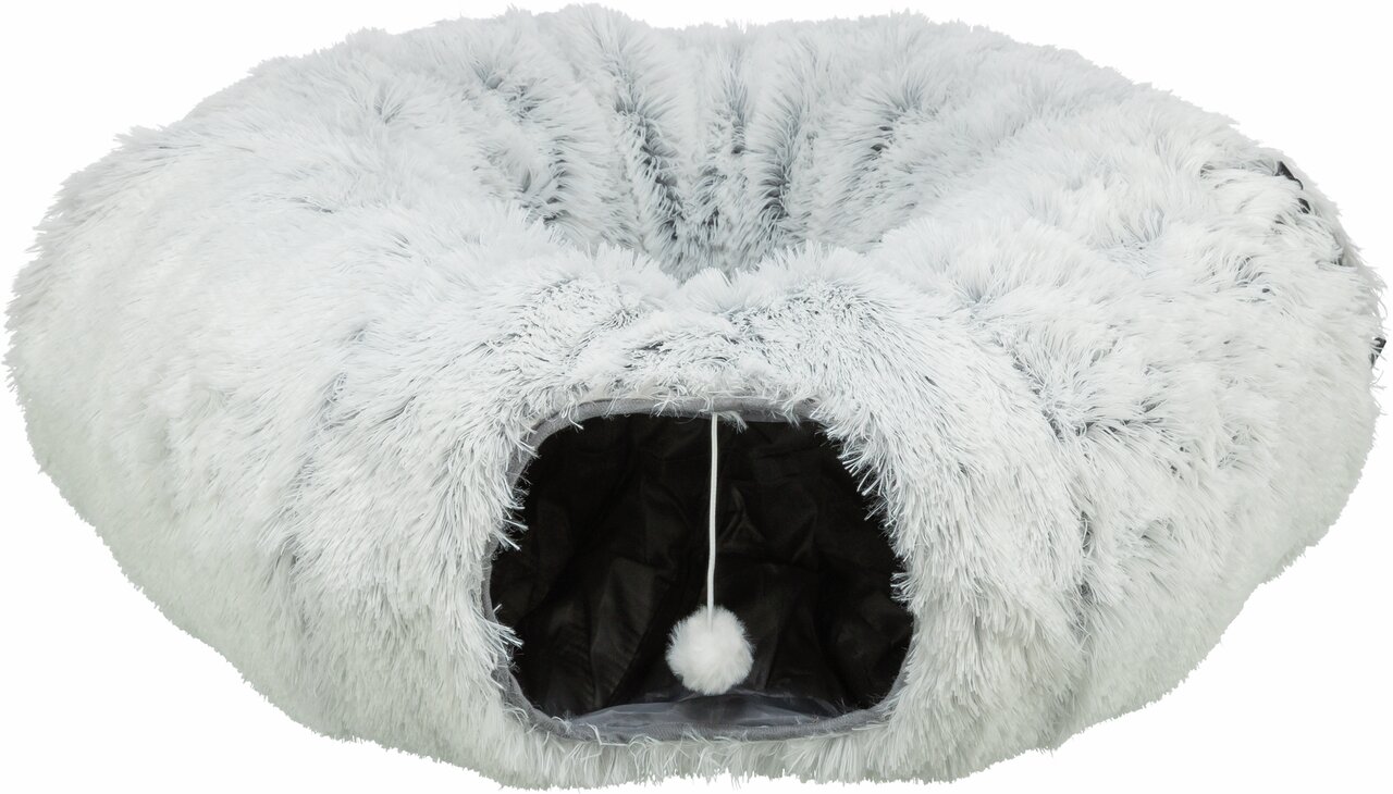 Flauschiges TRIXIE-Höhlenbett für Katzen und kleine Hunde, hellgrau, mit Spielball, ideal zum Schlafen und Verstecken.