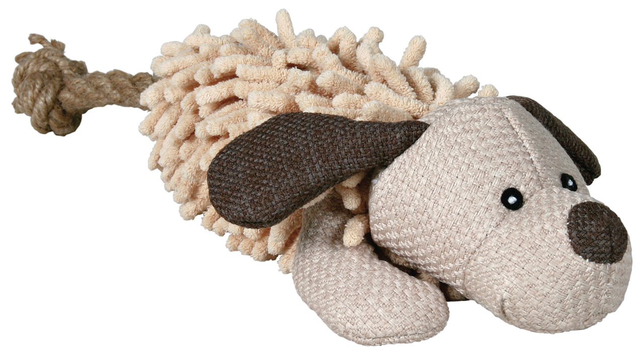 Ein beiges Hundespielzeug der Marke TRIXIE in Form eines Hundes mit braunen Ohren und Nase. Geeignet für Hunde als Zielgruppe, fördert es Spiel und Beschäftigung. Das Spielzeug besteht aus robustem Material mit einer Knotenschlaufe am Ende, ideal für Zerr