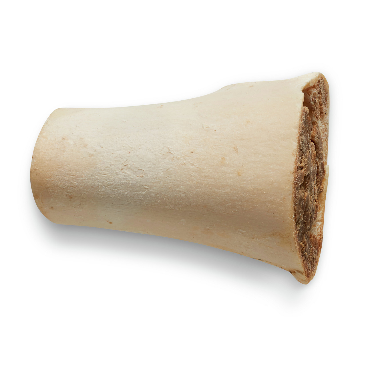 Das Bild zeigt einen weißen, hohlen Rinderknochen von der Marke Lottis Häppchen, gefüllt mit einer fleischigen Masse. Dieses Naturprodukt ist ein Kausnack für Hunde und dient der Zahnpflege sowie der Beschäftigung. Es ist speziell für Hunde aller Größen g