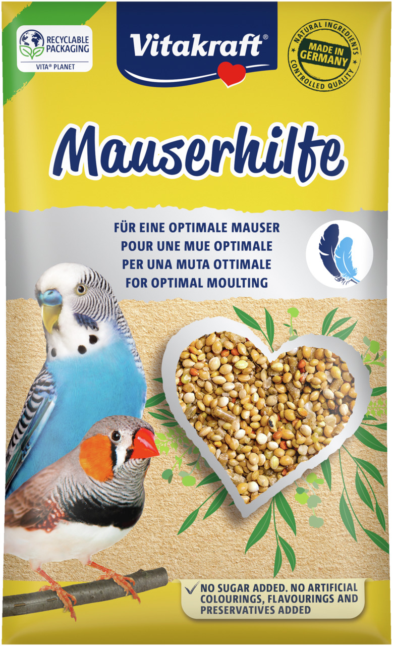 Vitakraft Mauserhilfe, Ergänzungsfutter f. Ziervögel (Wellensittiche, Zebrafinken), unterstützt Mauser, nat. Zutaten, 0 Zucker, 0 Zusätze.