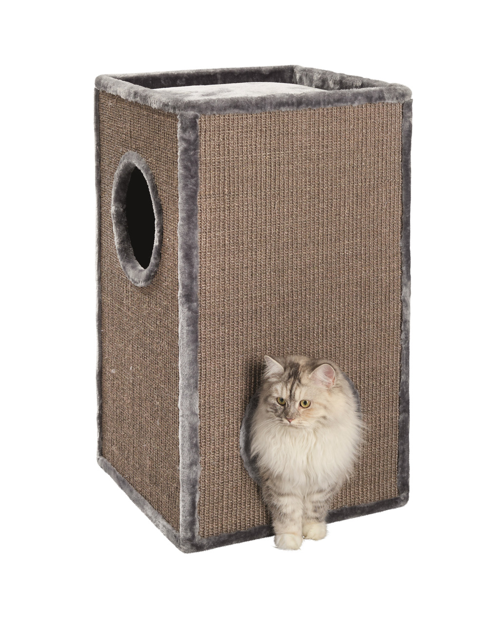 AniOne Kratzwürfel für Katzen, alle Rassen, Sisal+Plüsch, rundes Eingangsloch, ideal zum Kratzen, Spielen & Verstecken.