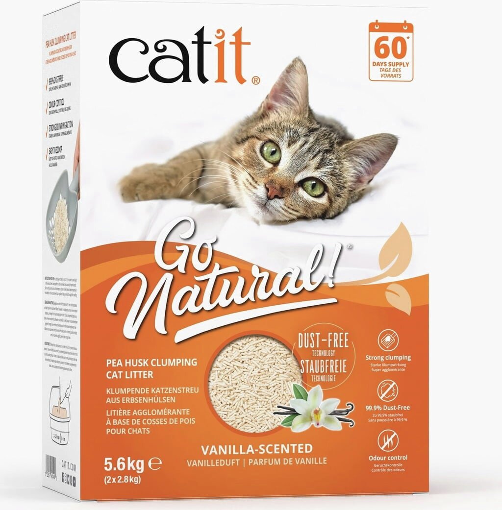 Catit Go Natural! Katzenstreu, Erbsenhülsen, Vanilleduft, staubfrei, starke Klumpen, Geruchskontrolle, 5,6 kg (2 x 2,8 kg).