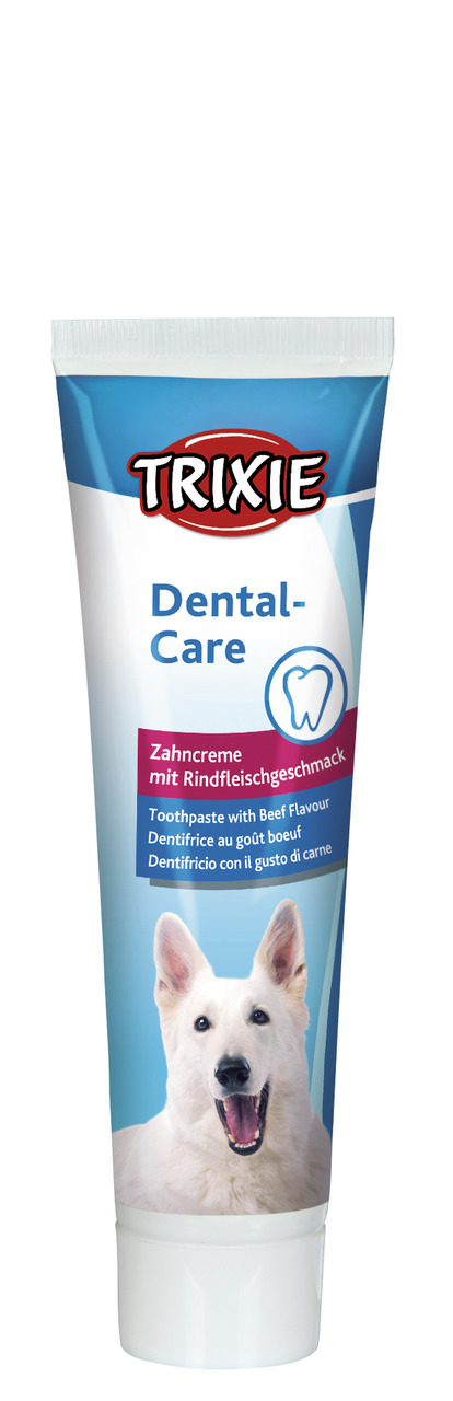 TRIXIE Dental-Care Zahnpasta für Hunde, Rindfleischgeschmack, 100 g, ideal für Zahnpflege, weiße Tube mit Hundebild.