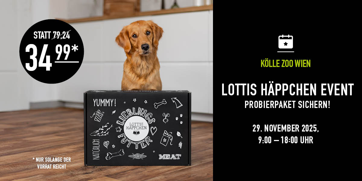 Hund sitzt vor Probierbox, Text weist auf Event am 29.11.25 in Wien hin