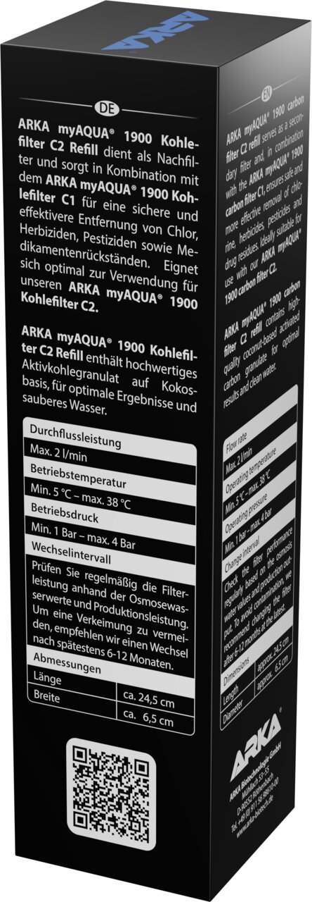 ARKA myAQUA 1900 Kohlefilter C2 Refill für Umkehrosmoseanlagen, Aktivkohle-Nachfilter für sauberes Wasser.