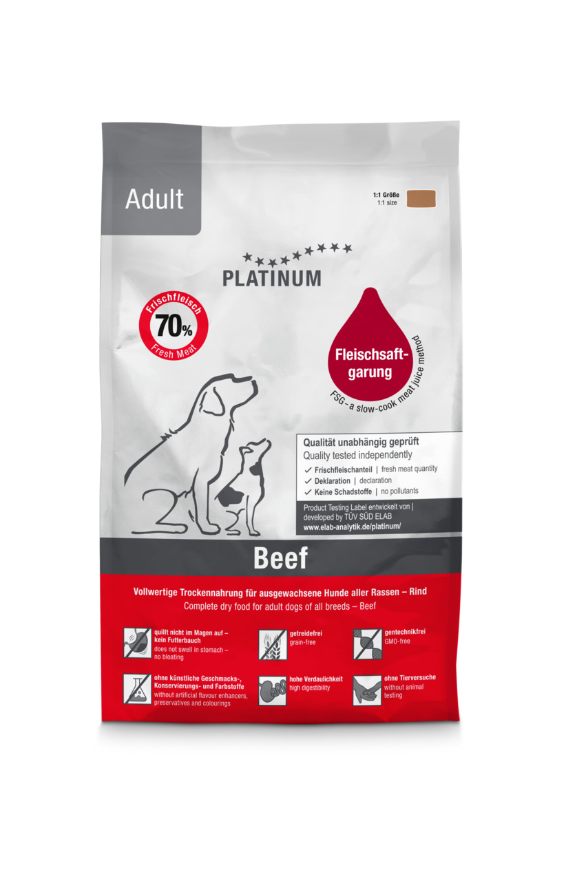 PLATINUM Adult Beef: Trockenfutter für ausgewachsene Hunde, Rind, 70 % Frischfleisch, getreidefrei, gentechnikfrei, leicht verdaulich.