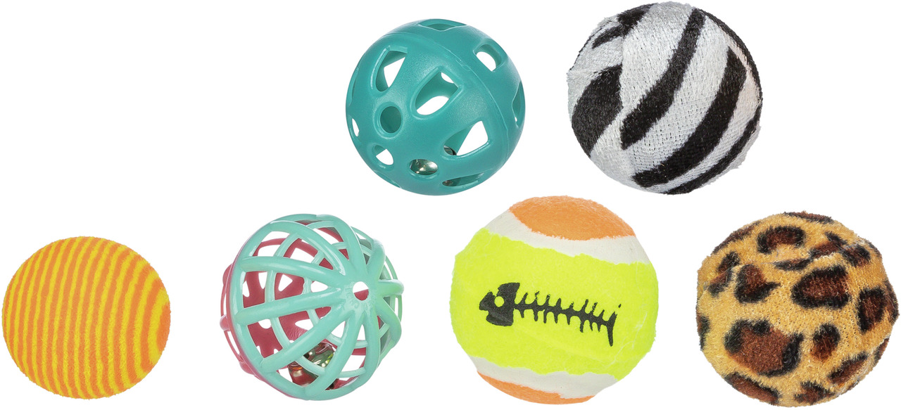 Sechs bunte Katzenspielbälle der Marke TRIXIE, geeignet für Katzen jeden Alters. Enthalten sind verschiedene Designs: ein gelber Ball mit Fischgrätenmotiv, ein Zebra- und ein Leopardenmuster, ein orange-gelber Stoffball sowie zwei Kunststoffbälle mit Gloc
