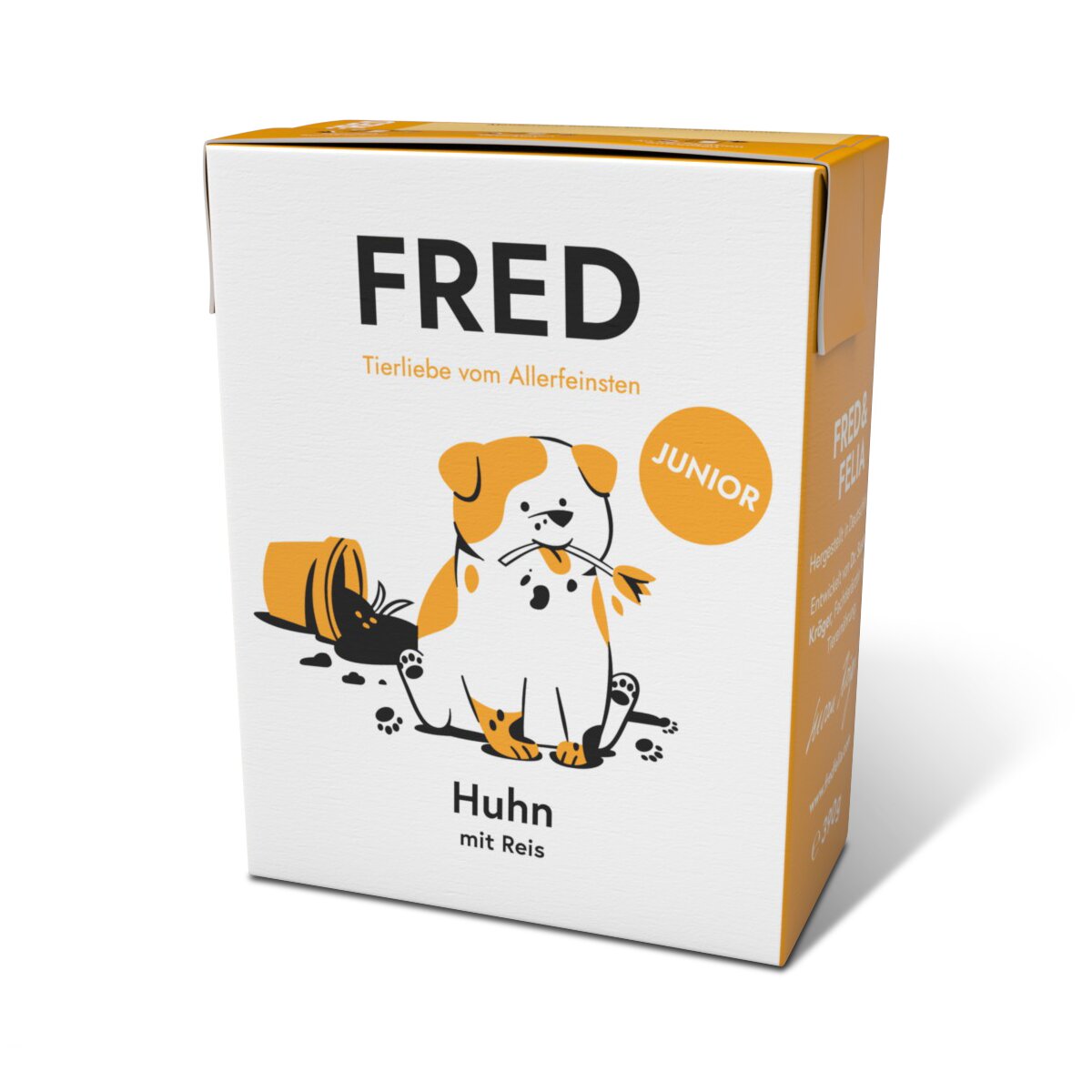 FRED Junior Huhn mit Reis für junge Hunde, Nassfutter mit Tierliebe vom Allerfeinsten, Packung mit Hundemotiv.