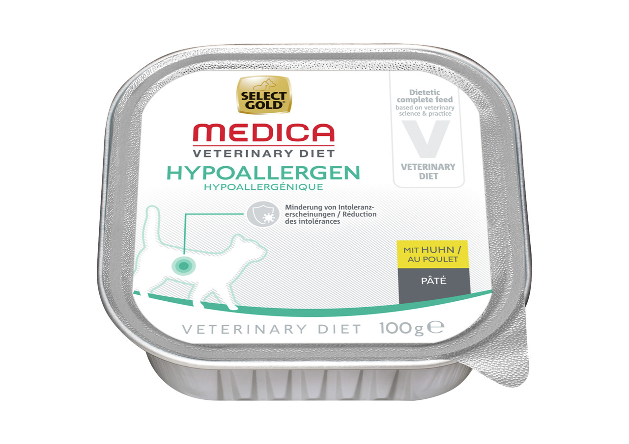 Das Bild zeigt eine Verpackung des Produkts „Select Gold Medica Veterinary Diet Hypoallergen“ für Katzen. Es handelt sich um ein diätetisches Alleinfuttermittel mit der Geschmacksrichtung Huhn, speziell entwickelt zur Reduktion von Intoleranzerscheinungen