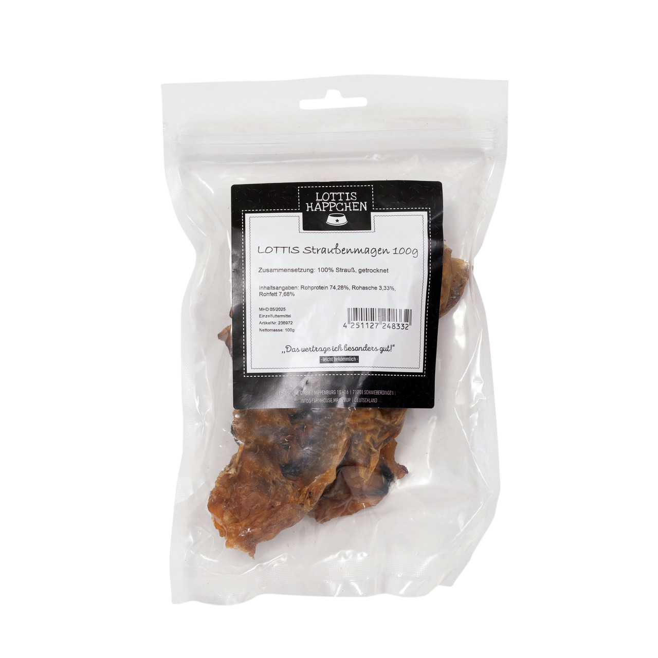 Lottis Häppchen Straußenmagen, 100 g, für Hunde, 100 % Strauß, Rohprotein 74,2 %, Rohasche 3,33 %, Rohfett 7,6 %. „Das verträgt sich gut!“