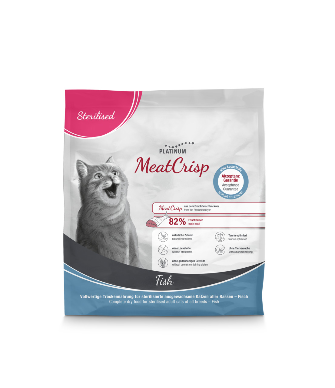 Das Bild zeigt eine Verpackung des Katzenfutters „PLATINUM MeatCrisp Fish“ für sterilisierte, ausgewachsene Katzen aller Rassen. Die Geschmacksrichtung ist Fisch. Es enthält 82 % Frischfleisch, natürliche Zutaten, kein Getreide mit Gluten und keine Lockst