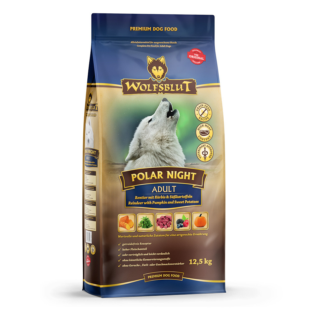 Wolfsblut Polar Night Adult, 12,5 kg, für ausgewachsene Hunde, Rentier, getreidefrei, leicht verdaulich, ohne künstl. Zusatzstoffe.