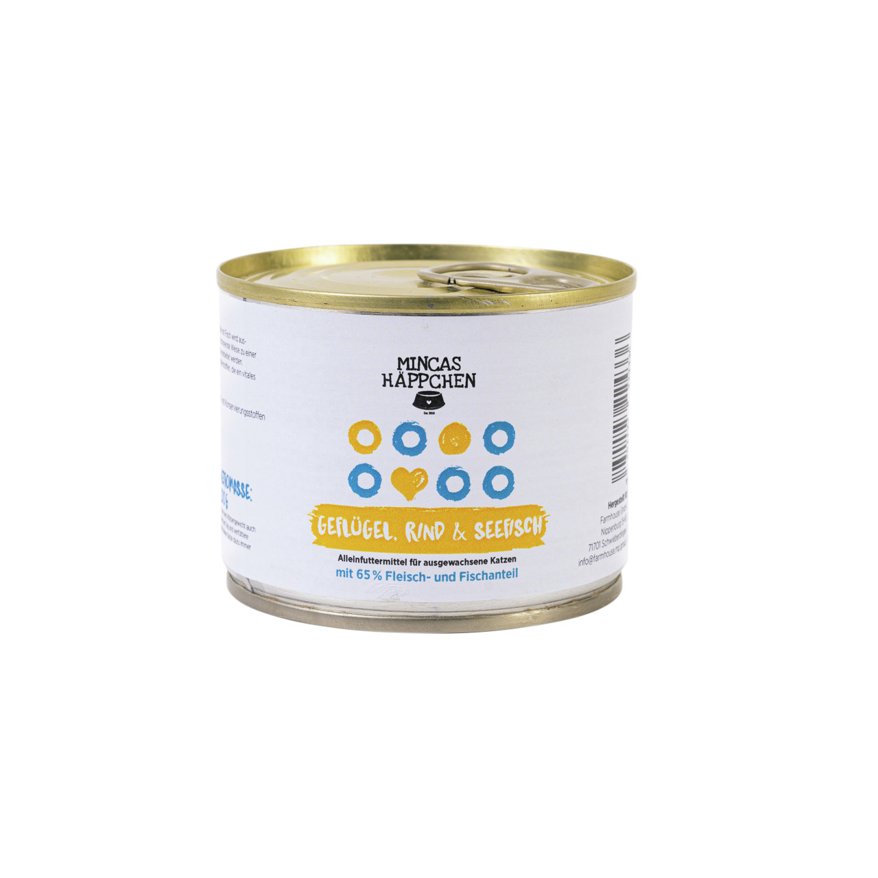 MINCAS HÄPPCHEN Katzenfutter Geflügel, Rind & Seefisch, Alleinfutter f. ausgew. Katzen, 65 % Fleisch-Fisch, Dose mit weißem Etikett.