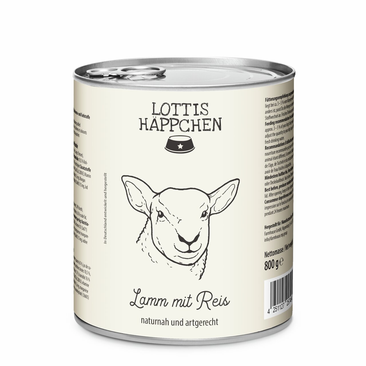 LOTTIS HÄPPCHEN Nassfutter für Hunde, Geschmack Lamm mit Reis, artgerecht, 800 g-Dose, hochwertig und natürlich.