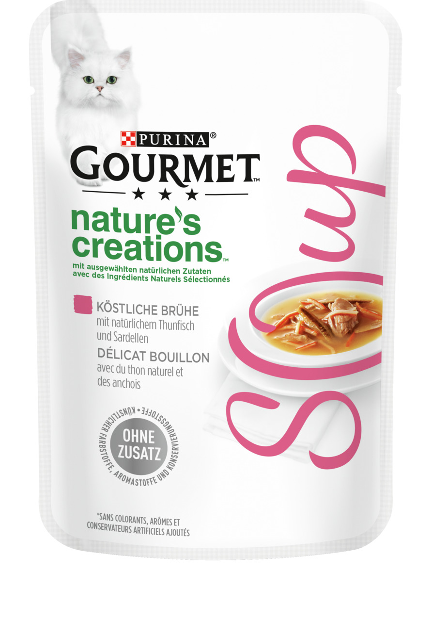Purina Gourmet Nature’s Creations Katzenfutter, Brühe mit Thunfisch & Sardellen, 50 g, ohne Farb-, Aroma- & Konservierungsstoffe.
