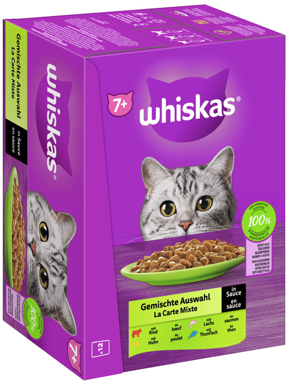 Whiskas 7+ Gem. Auswahl in Sauce, Katzen ab 7 J., Rind/Huhn/Lachs/Thunfisch, 12 Beutel, 100 % ausgew. Ernährung, hochwertige Zutaten.