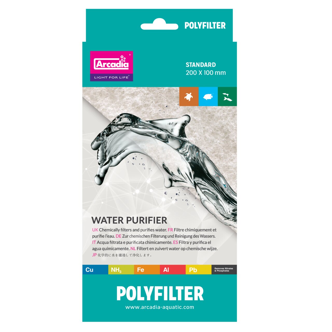 Das Bild zeigt das Produkt "Arcadia Polyfilter", einen chemischen Wasserreiniger für Aquarien. Zielgruppe sind Aquarienbesitzer. Der Filter entfernt Schadstoffe wie Kupfer, Ammoniak, Eisen, Aluminium und Blei. Verpackungsgröße: Standard, 200 x 100 mm. Slo