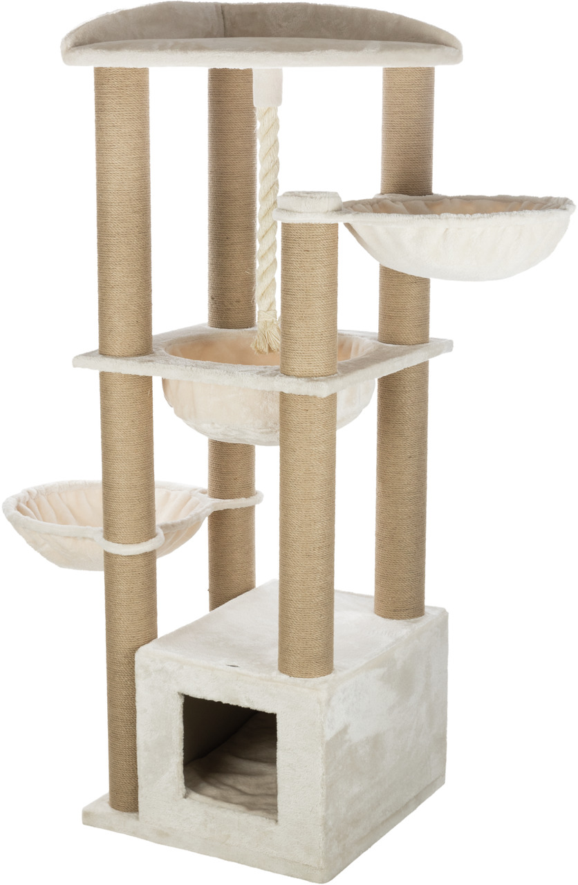 Das Bild zeigt den TRIXIE Kratzbaum Emil für Katzen. Der beige Kratzbaum ist mit mehreren Ebenen, Liegeflächen und einer Höhle ausgestattet. Er bietet Sisalstämme zum Kratzen, Hängemulden und eine Seilkonstruktion zum Spielen. Ideal für Katzen zur Beschäf