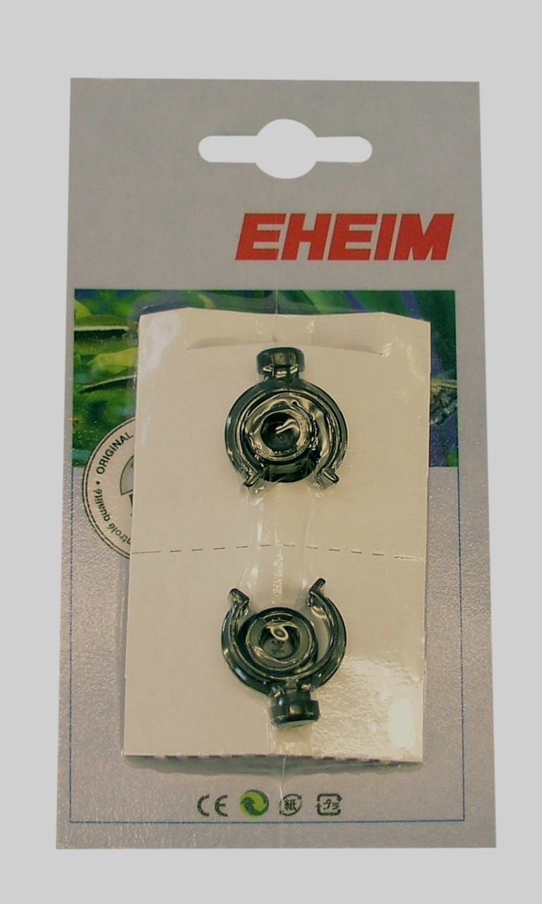 EHEIM Schlauchhalter-Set f. Aquarienbesitzer, 2 schwarze Halter, weiße Verpackung m. rotem Logo u. grünem Motiv.