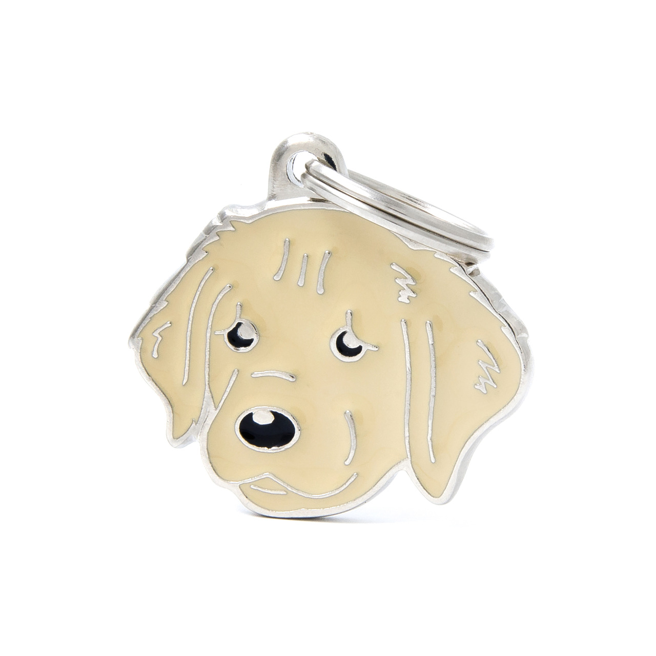 Das Bild zeigt einen hochwertigen Anhänger der Marke "My Family" mit der EAN 8055960250486. Der Anhänger ist in Form eines Hundekopfes gestaltet, vermutlich eines Golden Retrievers, und besteht aus Metall mit einer cremefarbenen Emaille-Oberfläche. Er ist